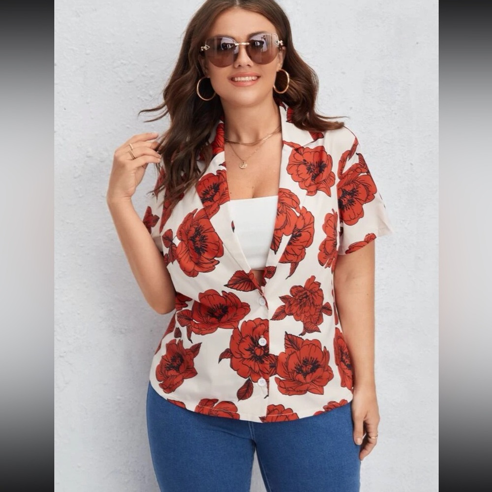 Shein Curve Floral Collared Blazer Blouse 2X